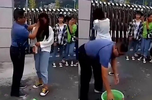 老师提水桶校门口给女生卸妆 太粗暴！手抓头发强行擦