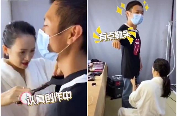 章子怡不避嫌穿男工作人员T恤，裁剪后的衣服暴露她身材真实状况