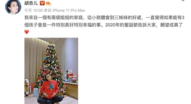 胡杏儿宣布怀三胎：“我愿望成真了！”